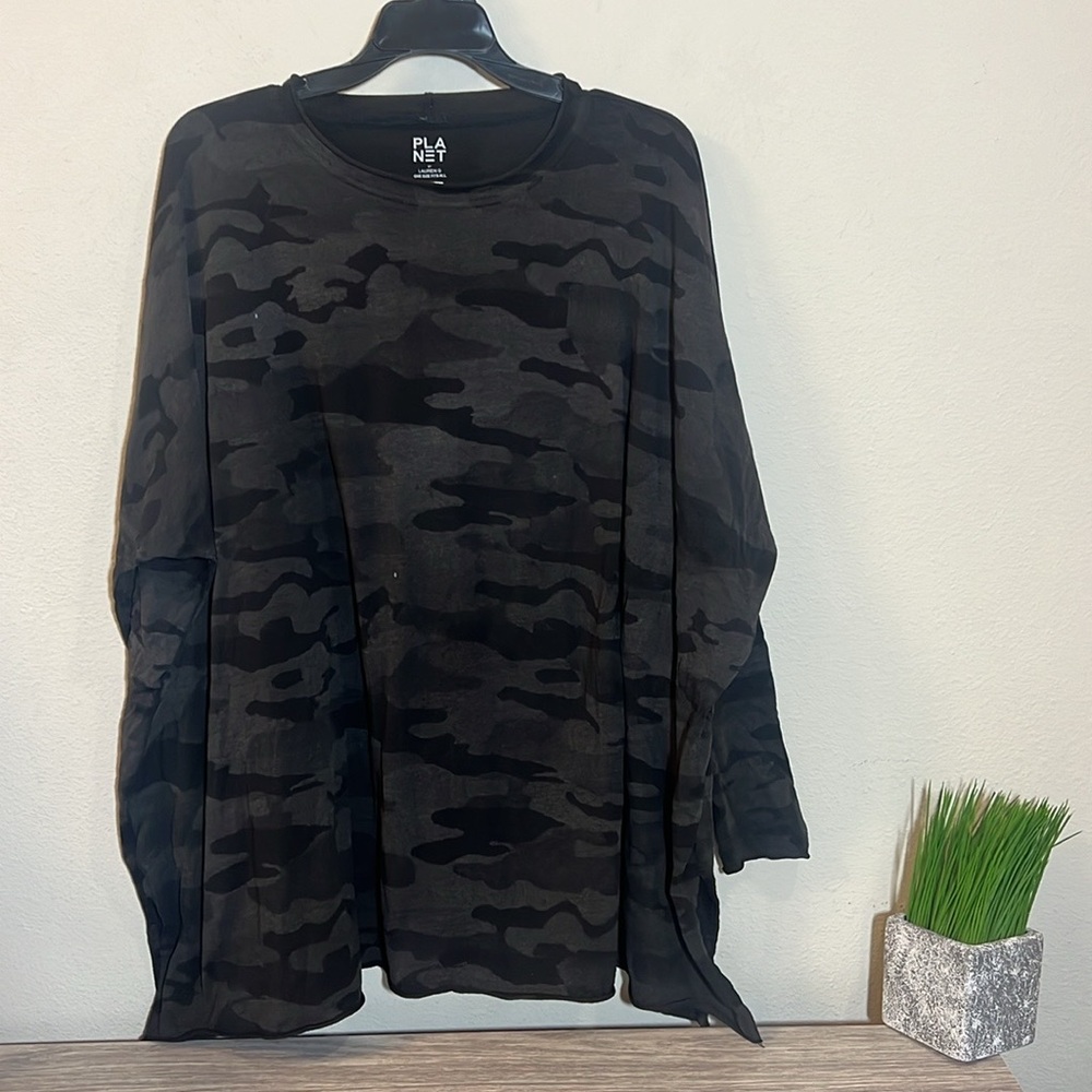 Planet by Lauren G Camo Camouflage Boxy Long Sleeve Swing Tee Shirt One Size